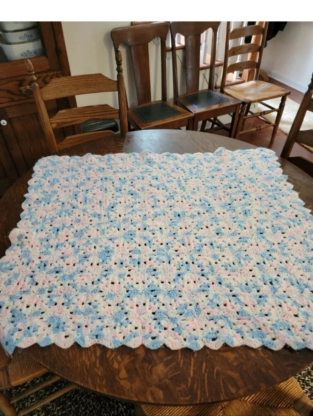 Handmade Pastel Crochet Baby Blanket - Blue White & Pink